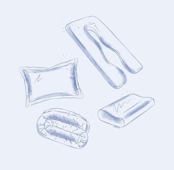 Pillows and blankets elements set with pregnancy regular and orthopedic pillow, folded sheet for bedroom drawn in graphic style vector