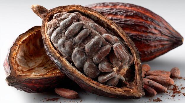 Cocoa pod opened with beans inside, a whole pod behind and loose beans in the foreground, brown tones photo