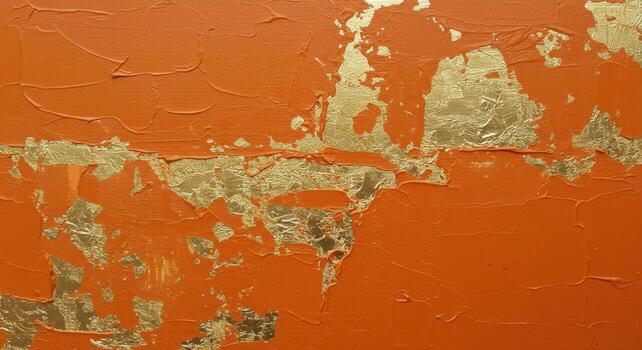 Vibrant apricot paint texture background with distressed metallic gold leaf design photo