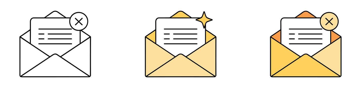Three Envelope Icons With Paper And Cross Or Star mail message vector