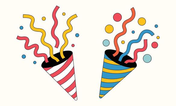 dos vistoso fiesta poppers explotando con papel picado y serpentinas celebracion vector