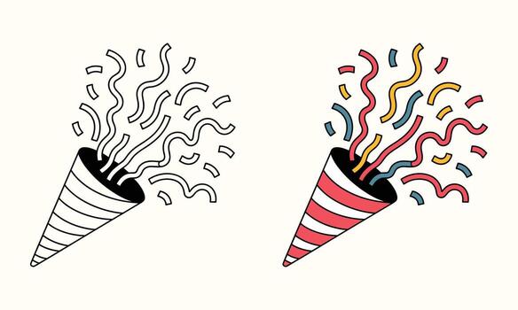 dos ilustraciones de fiesta poppers explotando con papel picado y serpentinas celebracion vector