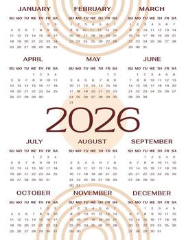 2026 year calendar vertical page template. Week Start on Sunday. Diary monthly planner of abstract boho line design vector