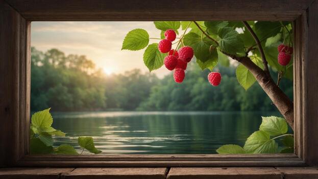 A serene view of ripe raspberries hanging from a branch, framed by a rustic window overlooking a tranquil lake at sunset, with lush greenery in the background photo