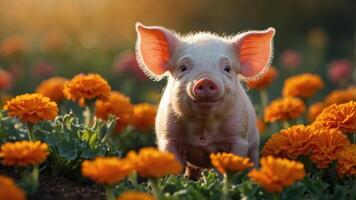 adorable cerdito retozando entre vibrante naranja caléndulas en un iluminado por el sol campo durante primavera foto