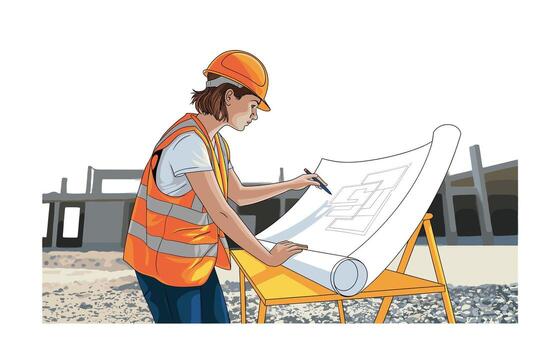 Female Construction Worker Reviewing Blueprints on Site Architecture, Engineering, and Safety in Building Design and Planning for a Sustainable Future, Blueprint Analysis vector