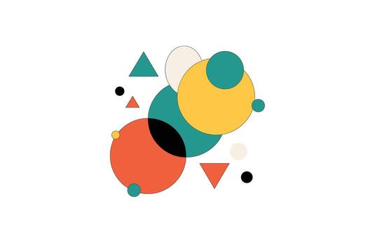 geométrico resumen negrita círculos y triangulos en verde azulado, coral, amarillo, y negro en blanco antecedentes para moderno Arte y diseño proyectos vector