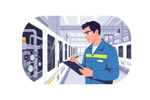 Factory Worker Inspecting Machinery A Illustration of Quality Control and Industrial Processes for Stock Photography and Design Projects Targeting Manufacturing vector