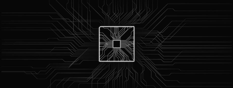 un alta tecnología pastilla es centrado en un visualmente sorprendentes diseño en contra un negro antecedentes. rodeando circuitos irradiar hacia fuera, ilustrando moderno electrónico tecnología en detalle. vector