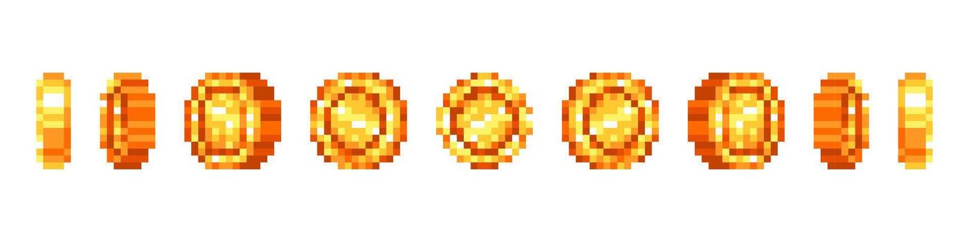 Pixel coin rotation. Casino game spin gold coins turn animation, game token stars reward bonus rotation effect level trophy flip badge money coin ui set vector