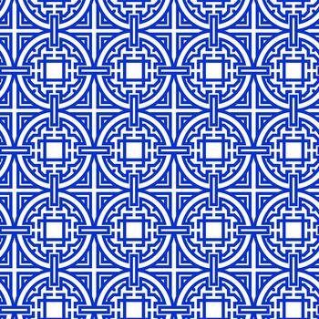 Seamless traditional geometric blue pattern with circular maze ornament and square decorative lattice design background vector