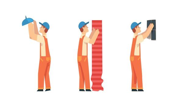 Man Worker in Orange Overall and Blue Cap Screwing in Bulb, Applying Wallpaper and Doing Tiling Set vector