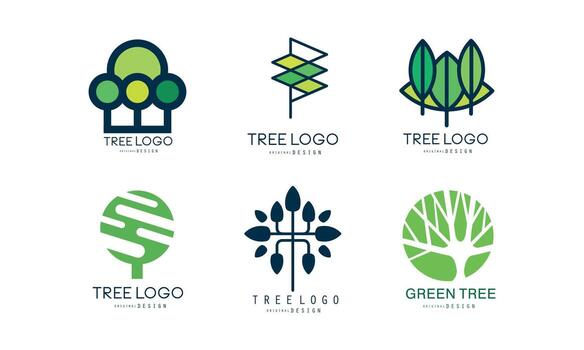 Green Tree Logo Design Set, Abstract Labels for Your Own Design Flat Illustration vector