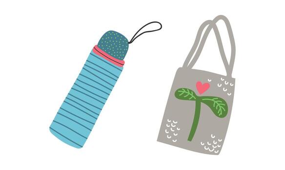 Zero Waste with Water Flask and Canvas Bag as Everyday Reused Object Set vector