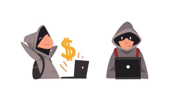 Man Cybercriminal Wearing Black Mask Committing Network and Computer Crime Harming Security and Financial Health Set vector