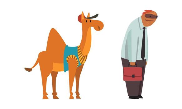 Humanized Animals of Different Professions with Sloth in Business Suit with Briefcase and Camel in Cap Set vector