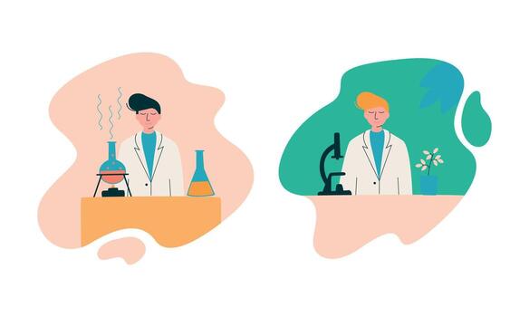 Man Scientist in Laboratory Coat Conducting Research and Investigation with Microscope and Flask with Chemical Substance Set vector
