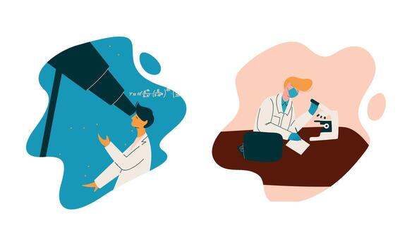 Man Scientist in Laboratory Coat Conducting Research and Investigation Set vector