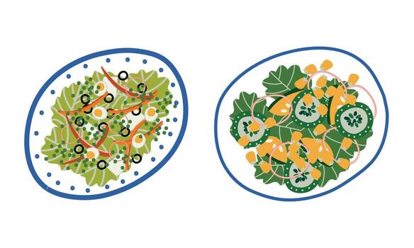 Salad with Mixed Greenery, Egg and Corn Served on Plate Above View Set vector