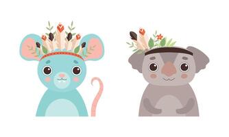conjunto de encantador animal en guirnalda de flores, primavera retratos de ratón y coala linda bebé animales dibujos animados ilustración vector