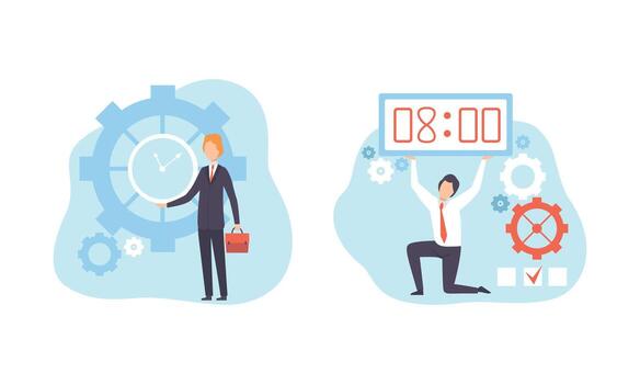 Time Management Concept, Office Workers Working next to Clock Planning Working Process Flat Illustration vector