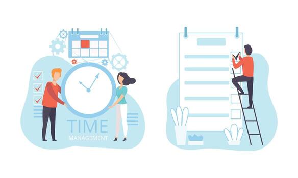 Office Workers Planning Schedule and Working next to Wall Clock Flat Set Illustration vector