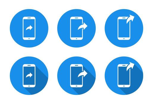 Share icon on phone screen with long shadow. Cellphone with arrow symbol. Send button vector