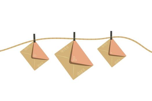 Kraft paper envelopes hanging on string flat illustration isolated on white background. vector