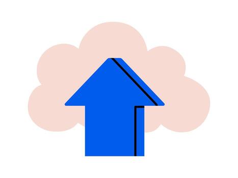Hand drawn cute illustration of cloud storage. Flat information server doodle. Data transfer icon. Arrow and cloud. Digital computer online network. File sharing. Isolated. vector
