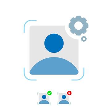 illustration of account verification process with profile icon inside scanning frame, showing status options including gear for processing, check mark for success, and cross mark for failure vector