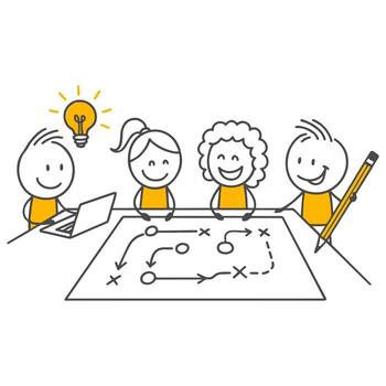 Stick figures. Stickman characters as a team are working on a strategy plan at the table, combining their ideas. vector
