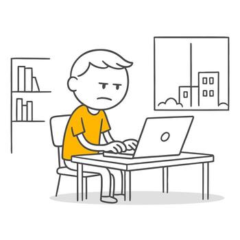 Stick figure illustration highlighting the challenges of working with technology, emphasizing the balance between productivity and stress vector