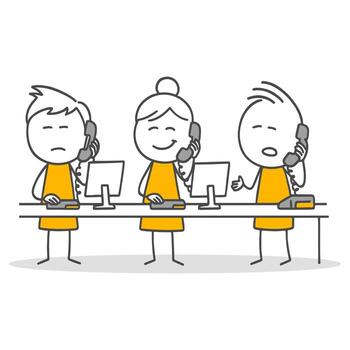 Stick figures. Drawing showing teammates communicating with computer and phone in an office environment vector