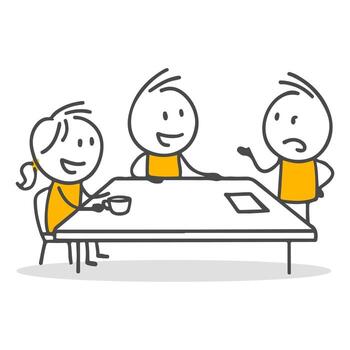 Stick figures. A small team of stickman characters is holding a meeting at the table, discussing different ideas. vector