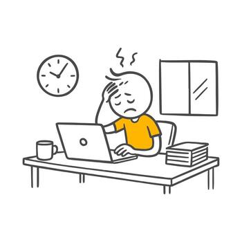 Illustration of a character working at a computer under heavy workload and showing signs of fatigue. vector