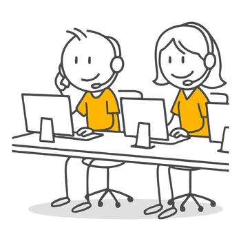 Stick figures. Two customer service representatives communicating at their computers in a call center. vector