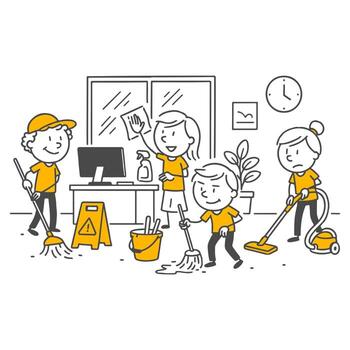 Line illustration of a cleaning team working in coordination within an office environment. vector