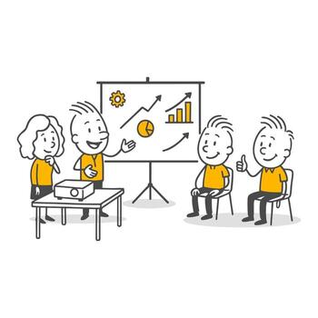 Team leader presenting charts and data during a business meeting with attentive team members. vector