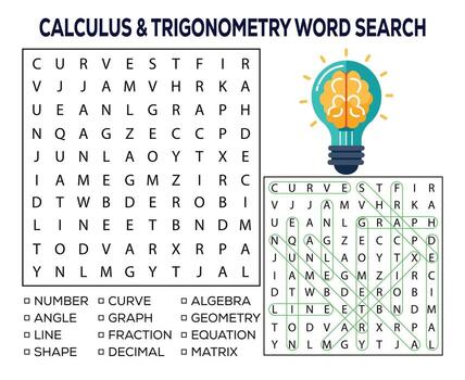 Calculus and trigonometry word search puzzle with brain lightbulb illustration vector