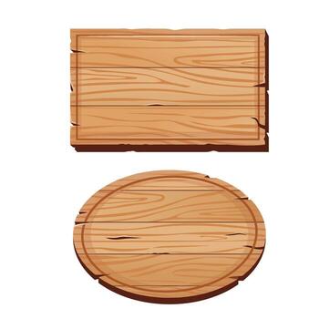 Wooden rectangular and circular boards with natural grain texture, suitable for signs, labels, or decorative design vector