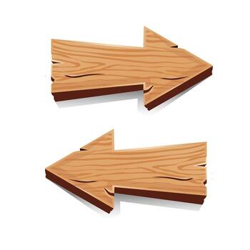 Wooden arrow signs pointing left and right with natural grain texture, ideal for rustic directions, maps, or decorative design vector
