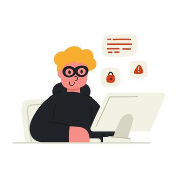 cartoon illustration of a hacker character. Cybersecurity, hacking, and digital crime concept. vector