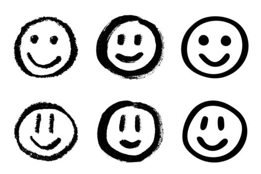 sketch Set of simple hand drawn happy emoji Smile face doodle Single element for print, web, design, decor vector