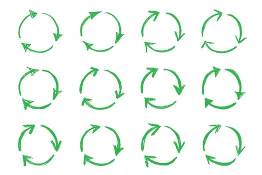 Set of hand drawn recycle arrow icon Recycling resources symbol Reuse of materials, zero waste, green environment, saving the planet rotation organic vector