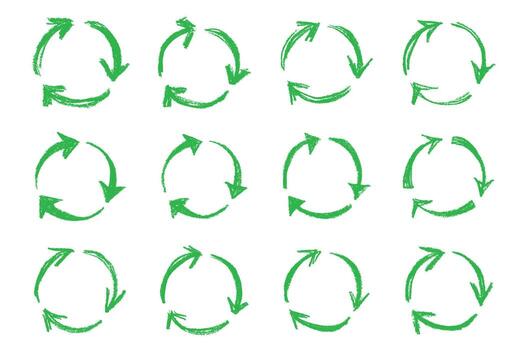 Set of hand drawn recycle arrow icon Recycling resources symbol Reuse of materials, zero waste, green environment, saving the planet rotation environment vector