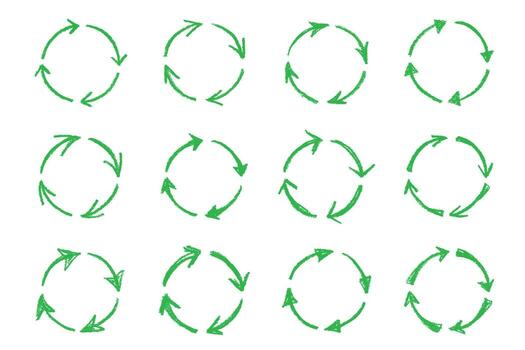 Set of hand drawn recycle arrow icon Recycling resources symbol Reuse of materials, zero waste, green environment, saving the planet rotation pollution vector