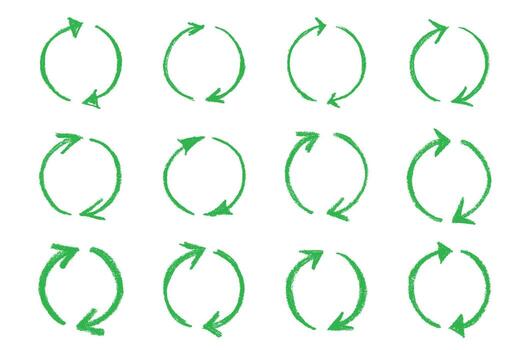 rotation pollution Set of hand drawn recycle arrow icon Recycling resources symbol Reuse of materials, zero waste, green environment, saving the planet vector