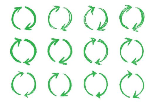 Set of hand drawn recycle arrow icon Recycling resources symbol Reuse of materials, zero waste, green environment, saving the planet rotation concept vector