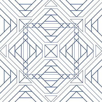Blue straight intersecting lines on white background. Square complex ornament of repeating lines. Geometric seamless pattern. Clean monochrome background. vector