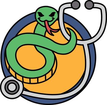 A cartoon snake is sitting on a round object with a stethoscope on it vector